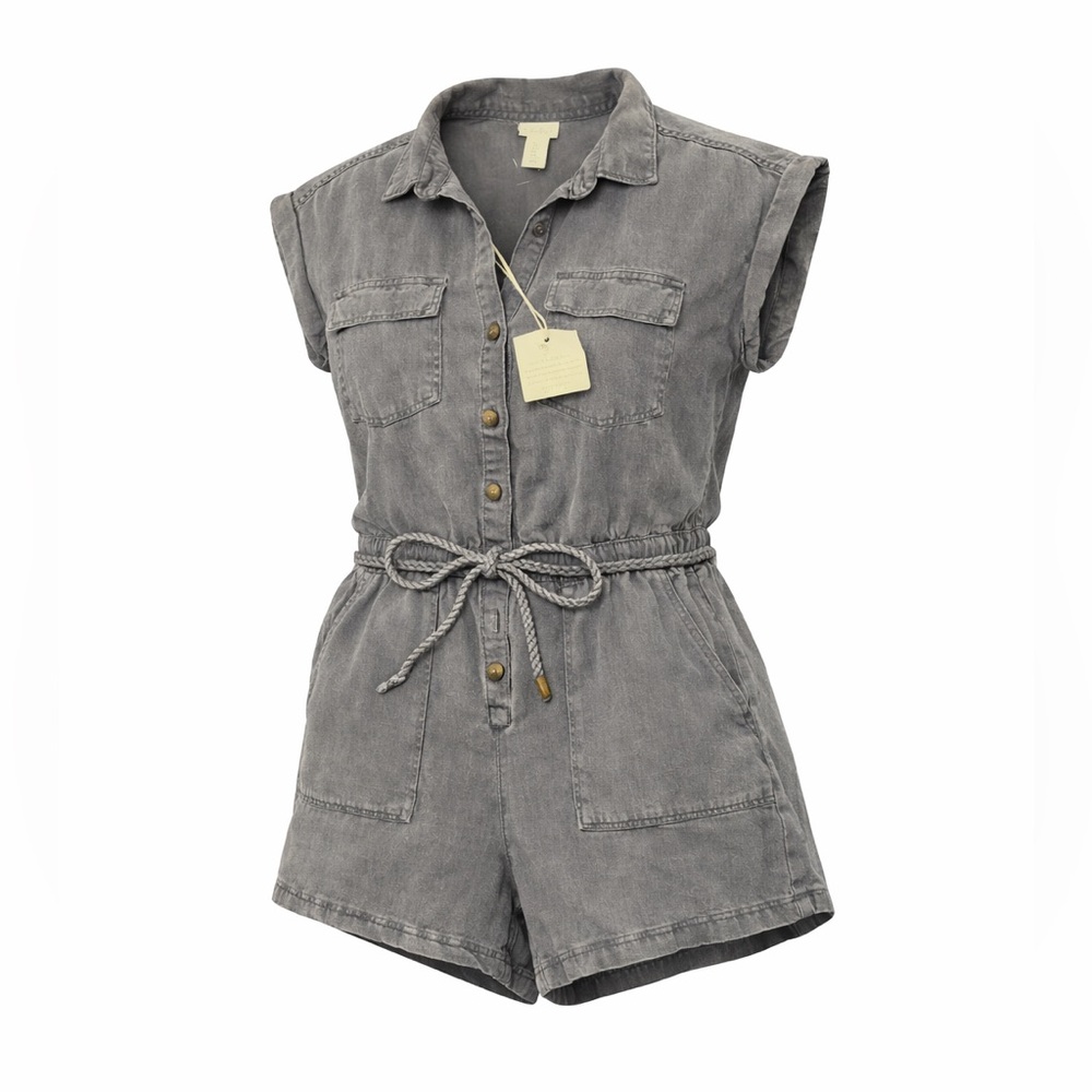 NWT Nicole Miller New York Braided Rope Tie Romper Short Sleeve Sz S Quiet Shade
